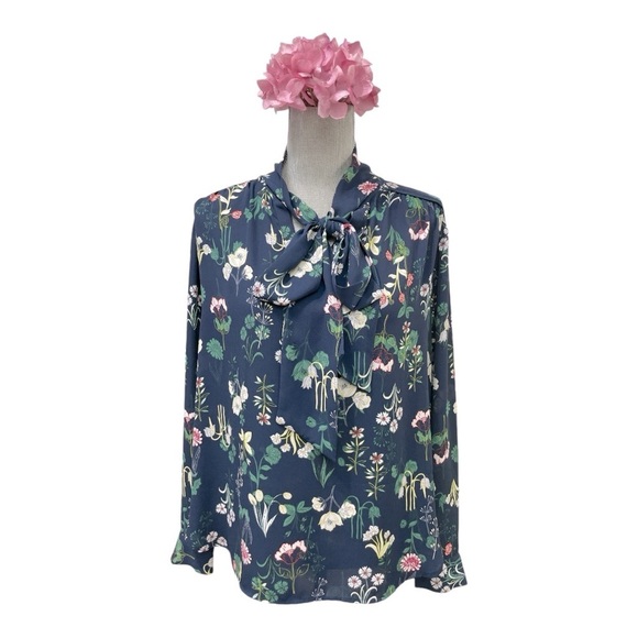 LOFT S Top Navy Blue Floral Print Bow Tied V Neckline Long Sleeve Blouse Sz M - Picture 1 of 12